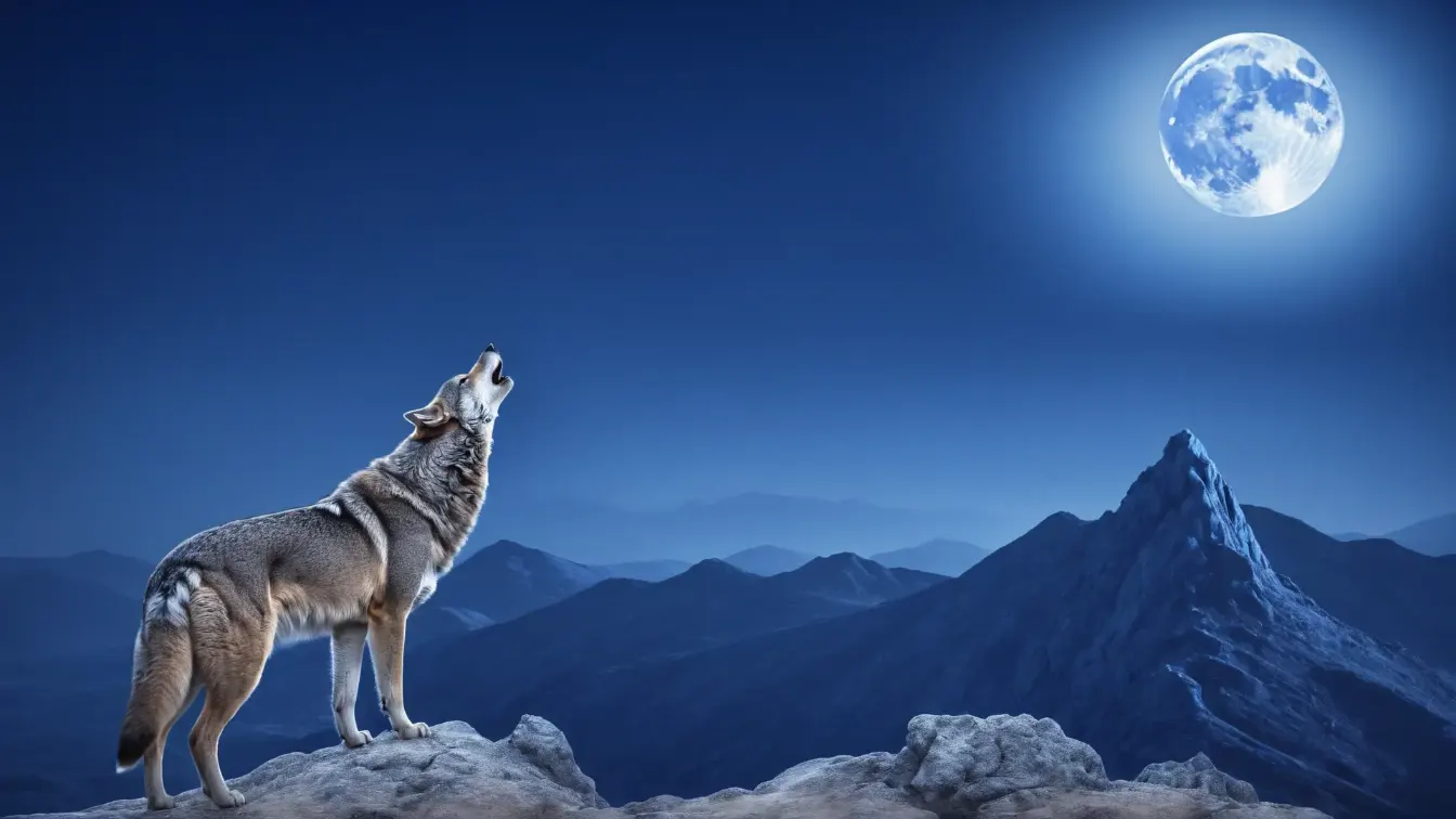 A wolf howls at the moon