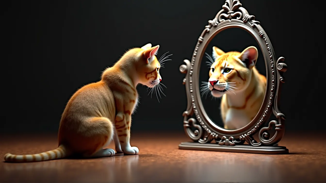 A cat sees a lion in the mirror